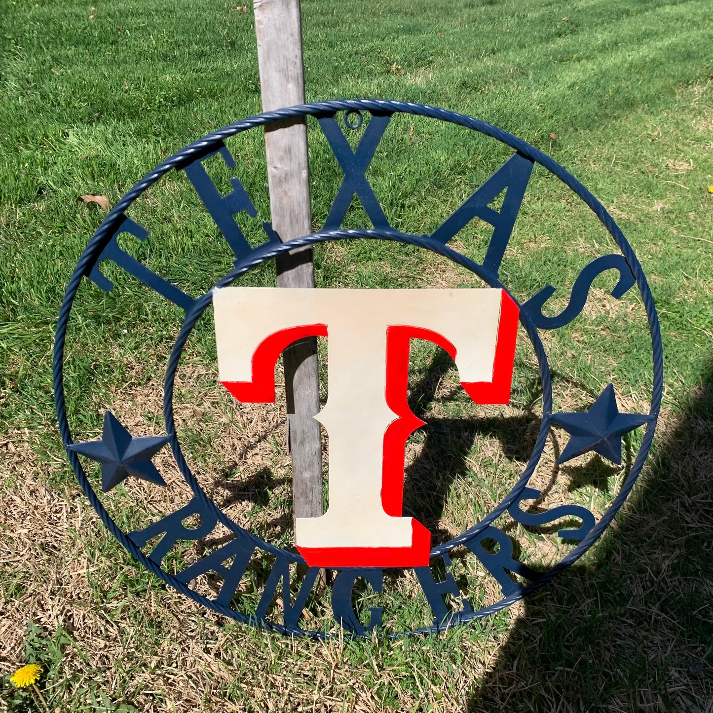 12", 18", 24", 32" TEXAS RANGERS BARN CUSTOM METAL VINTAGE CRAFT SIGN TEAM  WHITE & RED & NAVY BLUE RING & STAR HANDMADE