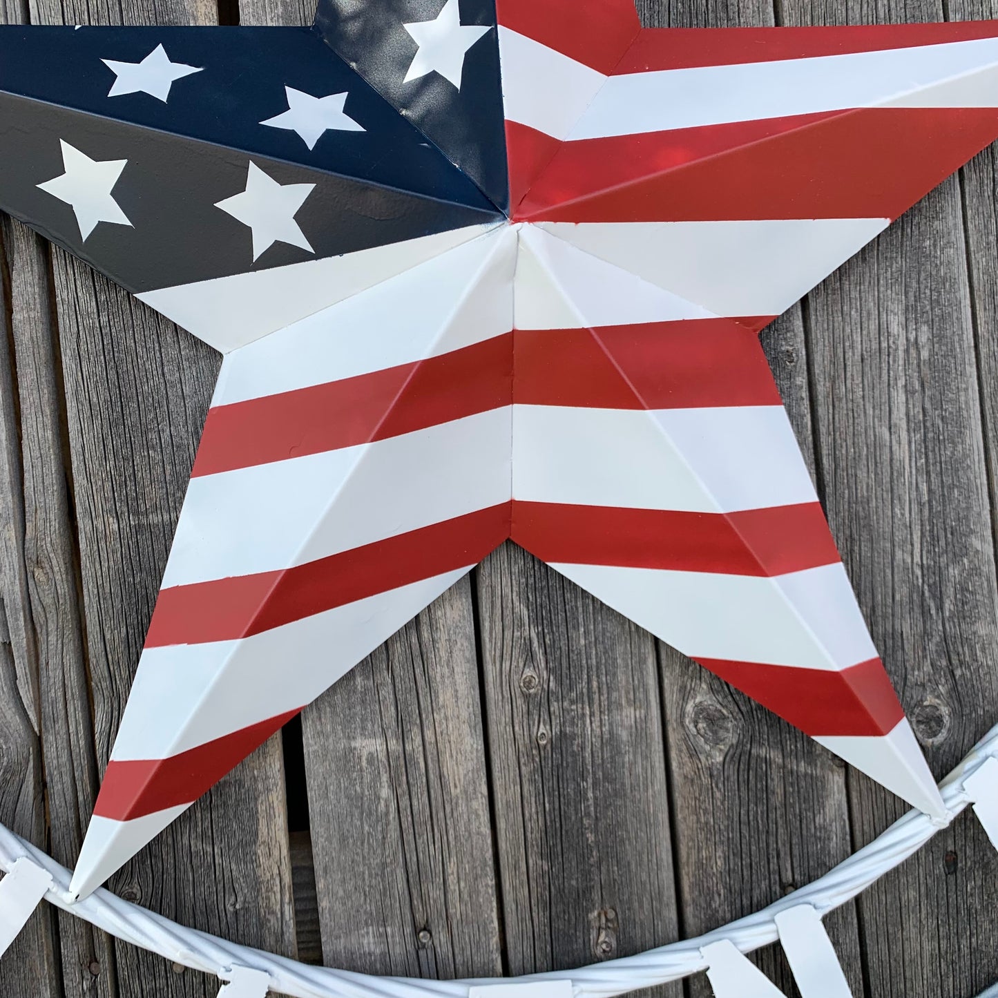 LUNA STYLE CUSTOM NAME BARN STAR METAL STAR 3d TWISTED ROPE RING WESTERN HOME DECOR USA FLAG STAR RED WHOTE & BLUE WITH WHITE RING HANDMADE 24",32",36",50"