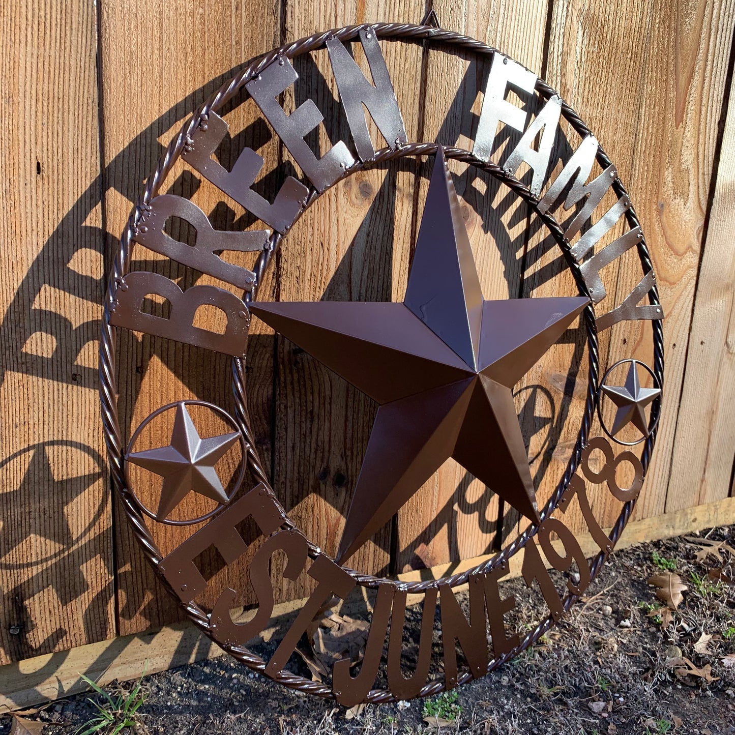 BREEN FAMILY STYLE CUSTOM NAME STAR BARN METAL STAR 3d TWISTED ROPE RING WESTERN HOME DECOR RUSTIC BROWN HANDMADE 24",32",36",50"