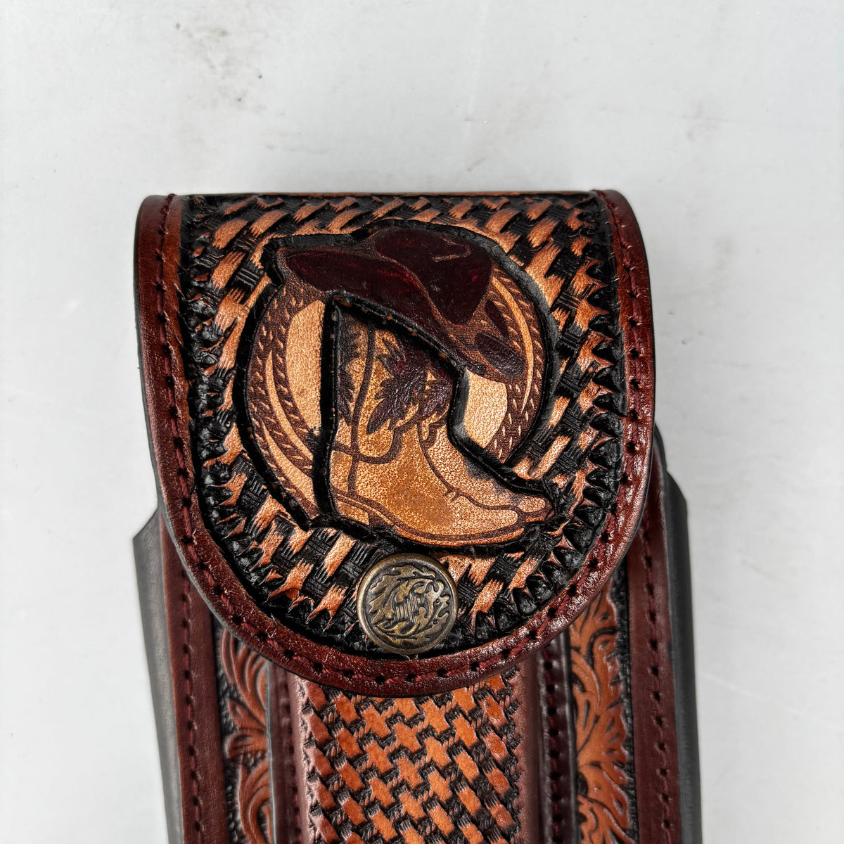 COWBOY BOOT HAT ROPING LEATHER HOLSTER 7" PHONE POUCH WITH KNIFE HOLDER FRONT EXTRA LARGE  BELT LOOP CELL PHONE CASE UNIVERSAL OVERSIZE MADE IN MEXICO #EH13862
