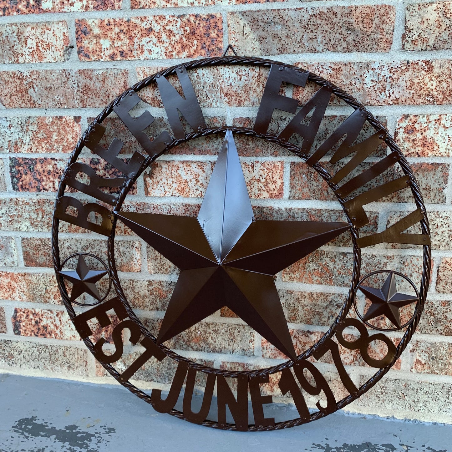 BREEN FAMILY STYLE CUSTOM NAME STAR BARN METAL STAR 3d TWISTED ROPE RING WESTERN HOME DECOR RUSTIC BROWN HANDMADE 24",32",36",50"
