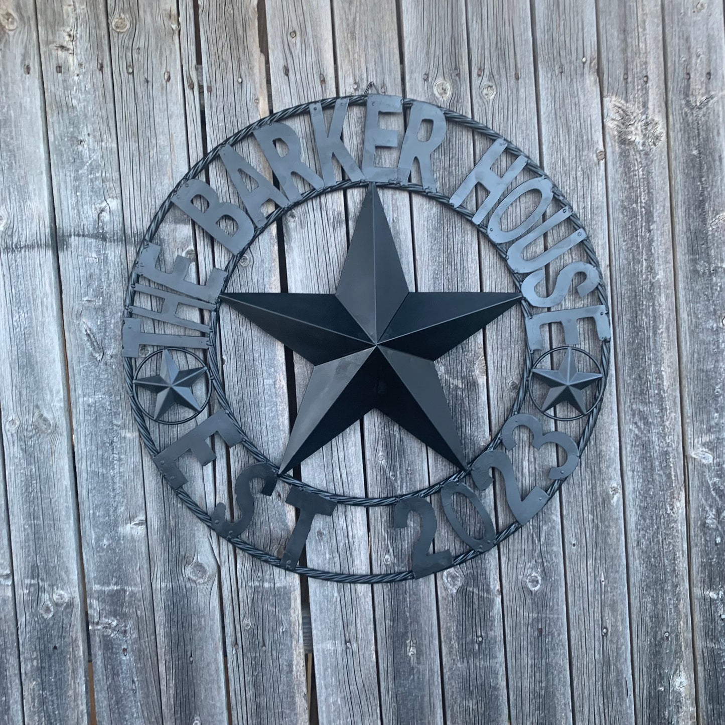 BARKER STYLE CUSTOM NAME STAR BARN METAL STAR 3d TWISTED ROPE RING LONESTAR WESTERN HOME DECOR RUSTIC BLACK HANDMADE 24",32",36",50"