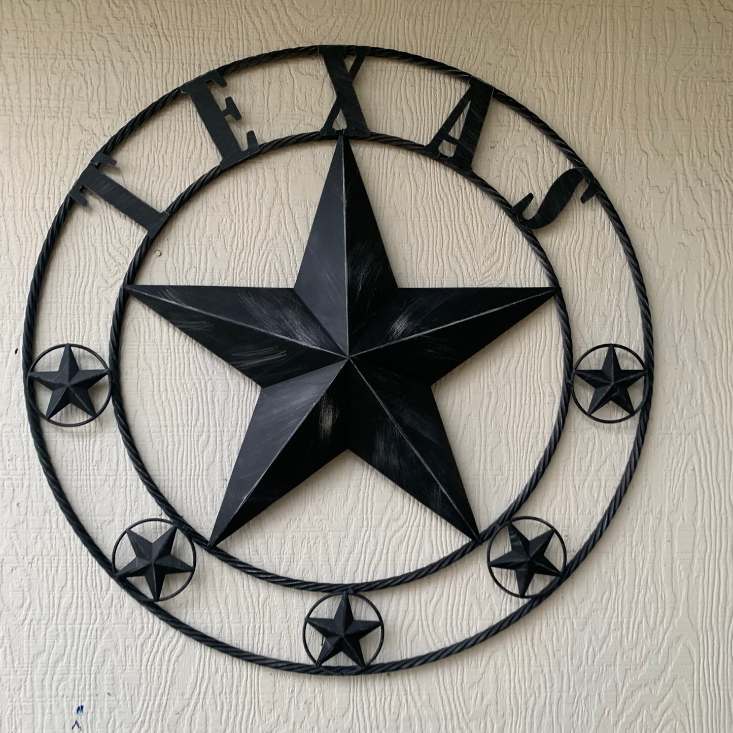 TEXAS BLACK DISTRESSED STAR TWO TONE TEXTURE BARN STAR METAL LONESTAR TWISTED ROPE RING WESTERN HOME DECOR HANDMADE NEW
