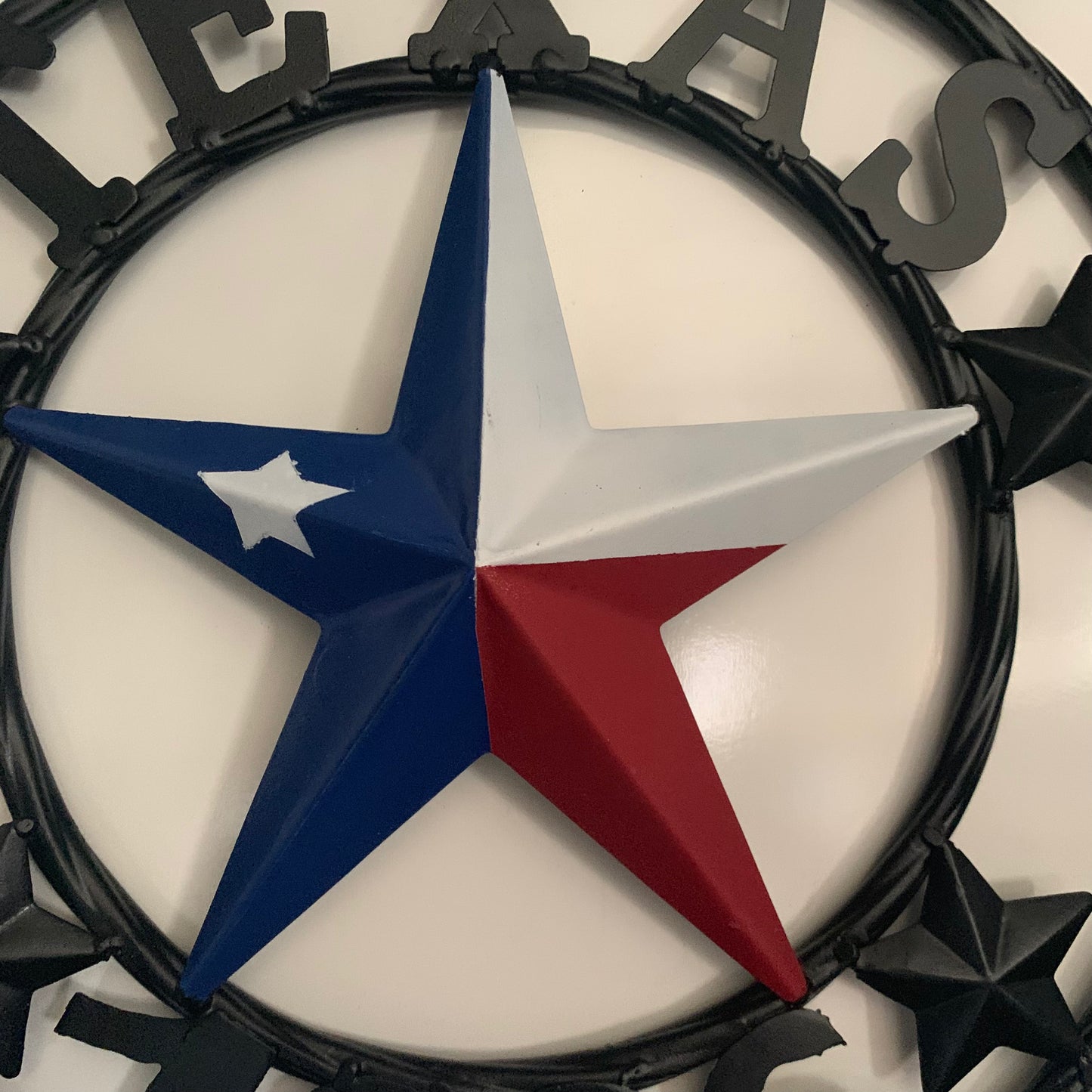 TEXAS FLAG STAR RED WHT BLUE STAR & BLACK RING METAL BARN LONE STAR WESTERN HOME DECOR HANDMADE NEW 12",18",24",36",50"