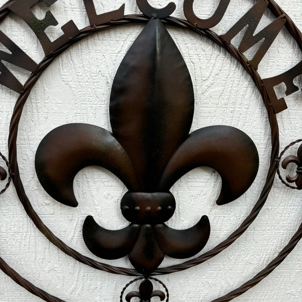 24" WELCOME FLEUR DE LIS METAL WALL ART WESTERN HOME DECOR BROWN NEW #EH11997