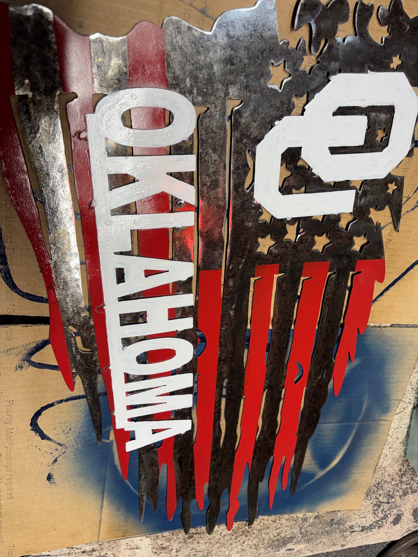 OU OKLAHOMA SOONERS METAL TATTERED FLAG CUSTOM VINTAGE CRAFT WALL ART