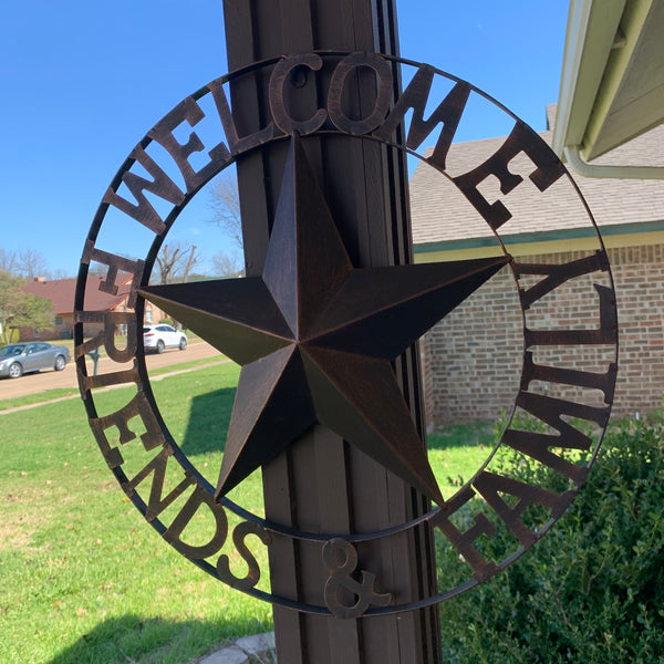 WELCOME FRIENDS FAMILY BARN METAL STAR WALL ART WESTERN HOME DECOR HANDMADE NEW