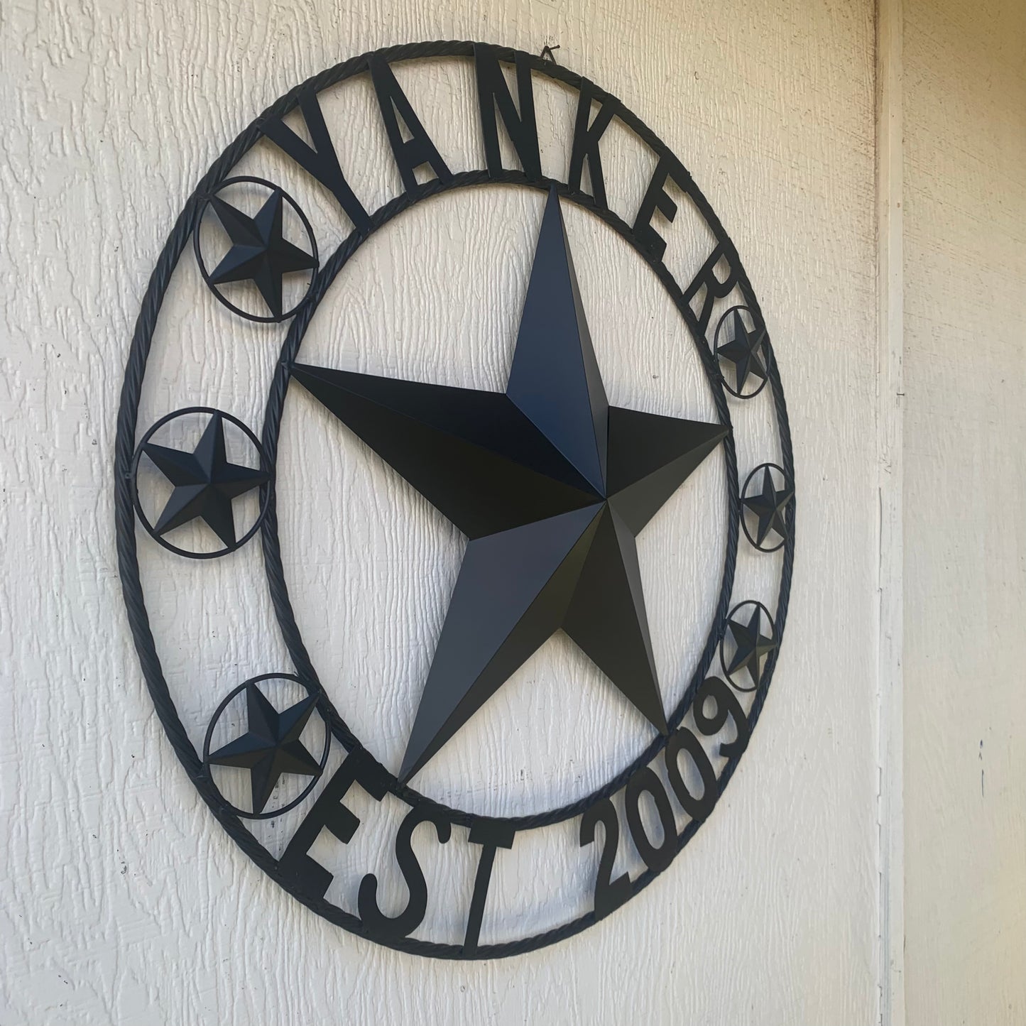 YANKER STYLE CUSTOM NAME STAR BARN METAL STAR 3d TWISTED ROPE RING WESTERN HOME DECOR RUSTIC BLACK HANDMADE 24",32",36",50"