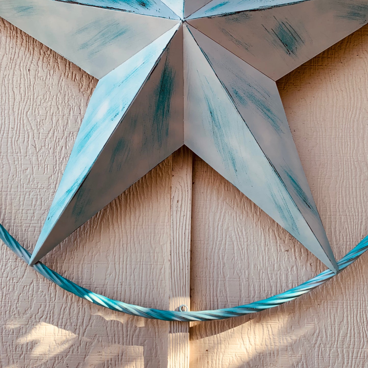 #EH11219 TURQUOISE WHITE DISTRESSED STAR TWO TONE TEXTURE BARN STAR METAL LONESTAR TWISTED ROPE RING WESTERN HOME DECOR HANDMADE NEW