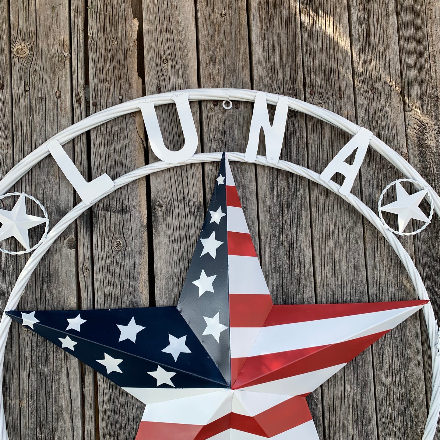LUNA STYLE CUSTOM NAME BARN STAR METAL STAR 3d TWISTED ROPE RING WESTERN HOME DECOR USA FLAG STAR RED WHOTE & BLUE WITH WHITE RING HANDMADE 24",32",36",50"