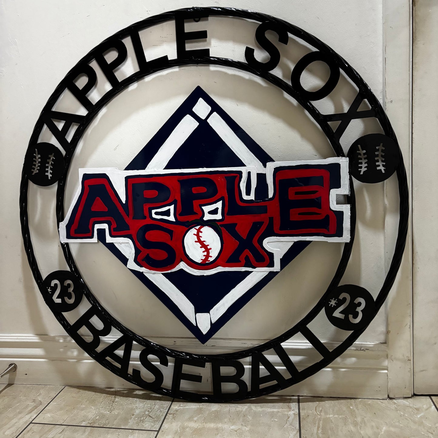 APPLE SOX BASEBALL CUSTOM METAL VINTAGE CRAFT SIGN TEAM NAVY BLUE WHITE RED HANDMADE