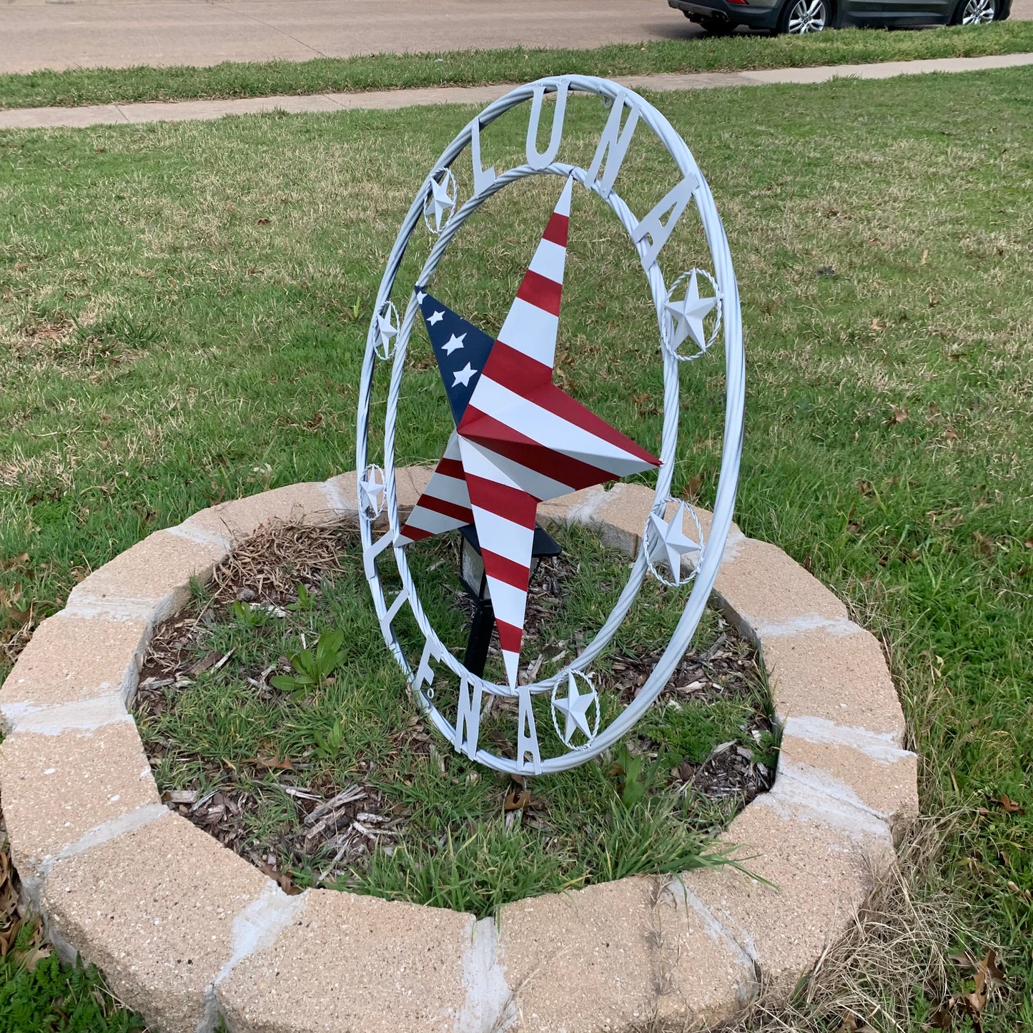 LUNA STYLE CUSTOM NAME BARN STAR METAL STAR 3d TWISTED ROPE RING WESTERN HOME DECOR USA FLAG STAR RED WHOTE & BLUE WITH WHITE RING HANDMADE 24",32",36",50"