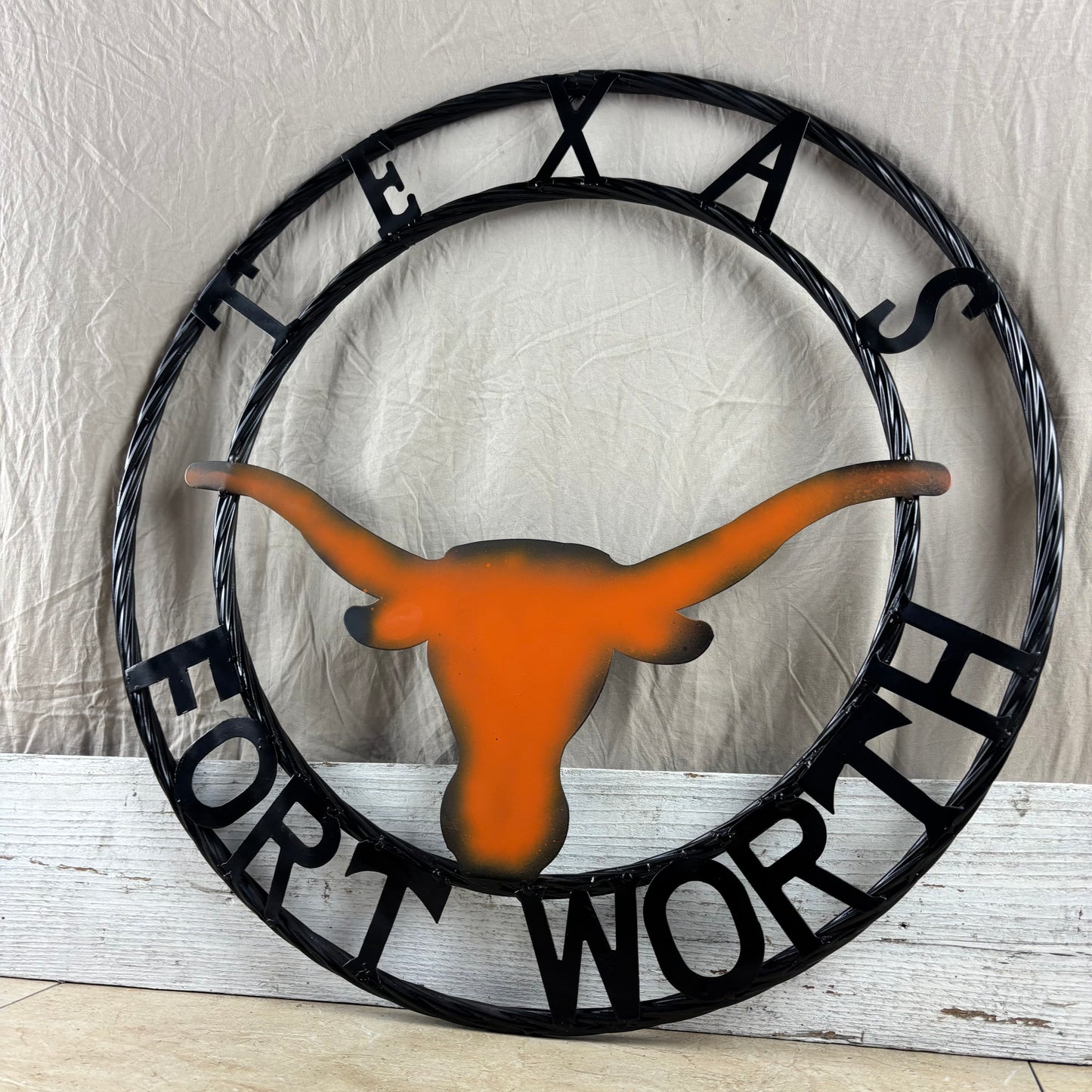 TEXAS FORT WORTH METAL SIGN LONGHORNS ORANGE WESTERN HOME DECOR HANDMADE
