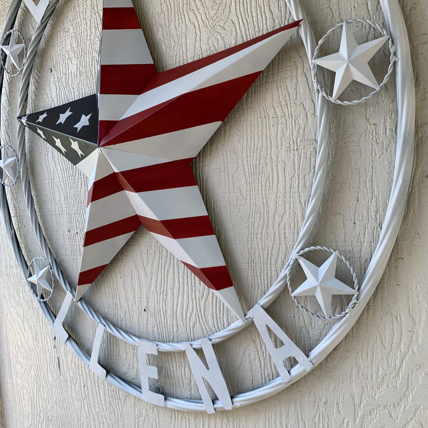 LUNA STYLE CUSTOM NAME BARN STAR METAL STAR 3d TWISTED ROPE RING WESTERN HOME DECOR USA FLAG STAR RED WHOTE & BLUE WITH WHITE RING HANDMADE 24",32",36",50"
