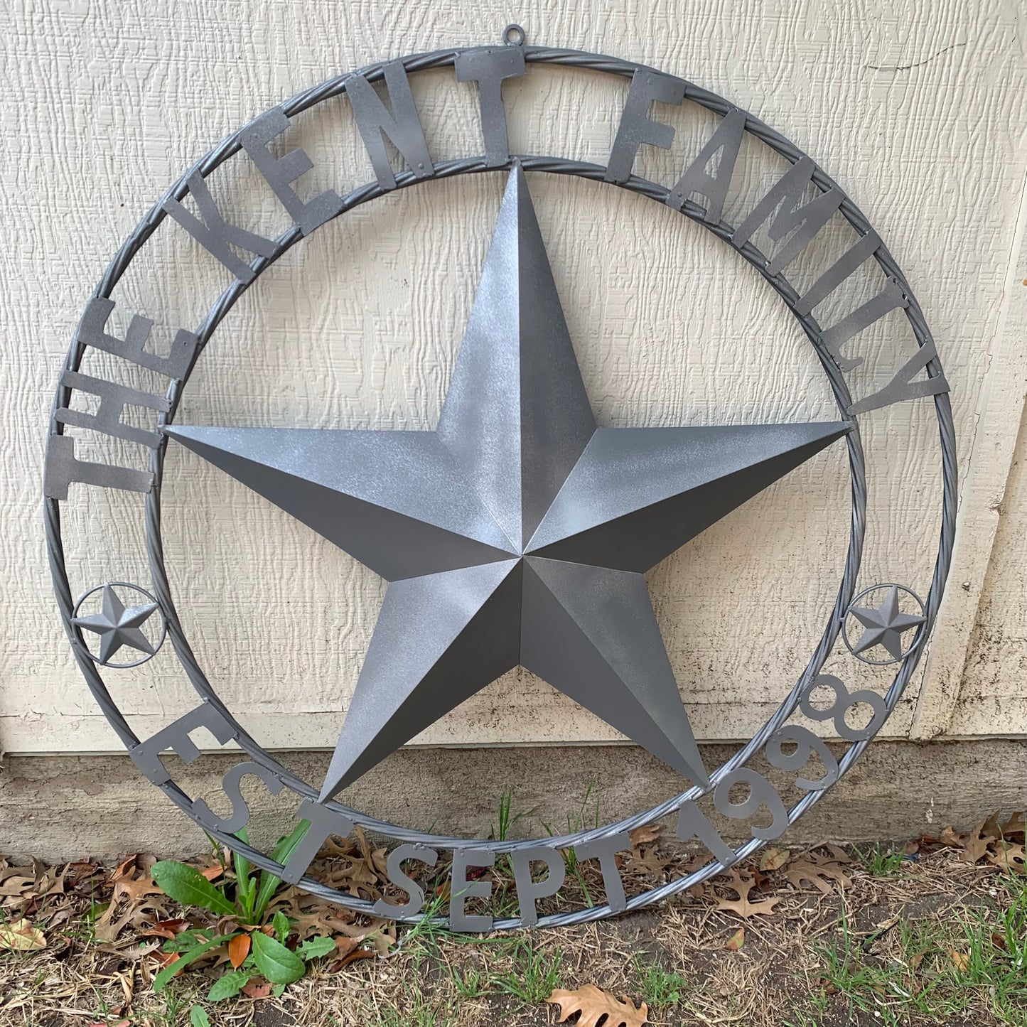 KENT STYLE CUSTOM STAR NAME BARN METAL STAR 3d TWISTED ROPE RING WESTERN HOME DECOR RUSTIC GREY SILVER HANDMADE 24",32",36",50"