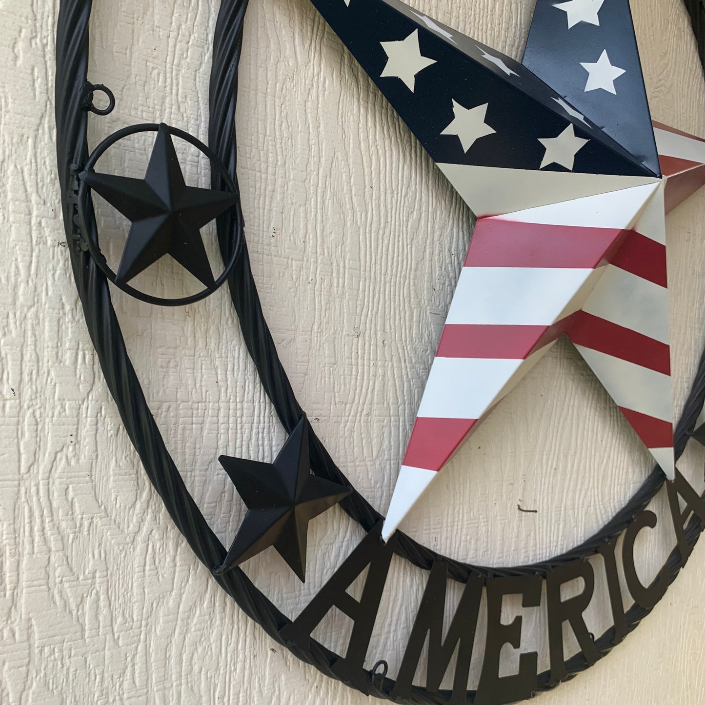 GOD BLESS AMERICA USA FLAG 3d STAR METAL BARN STAR BLACK TWISTED ROPE RING WALL ART WESTERN HOME DECOR RED WHITE & BLUE HANDMADE NEW #EH10490