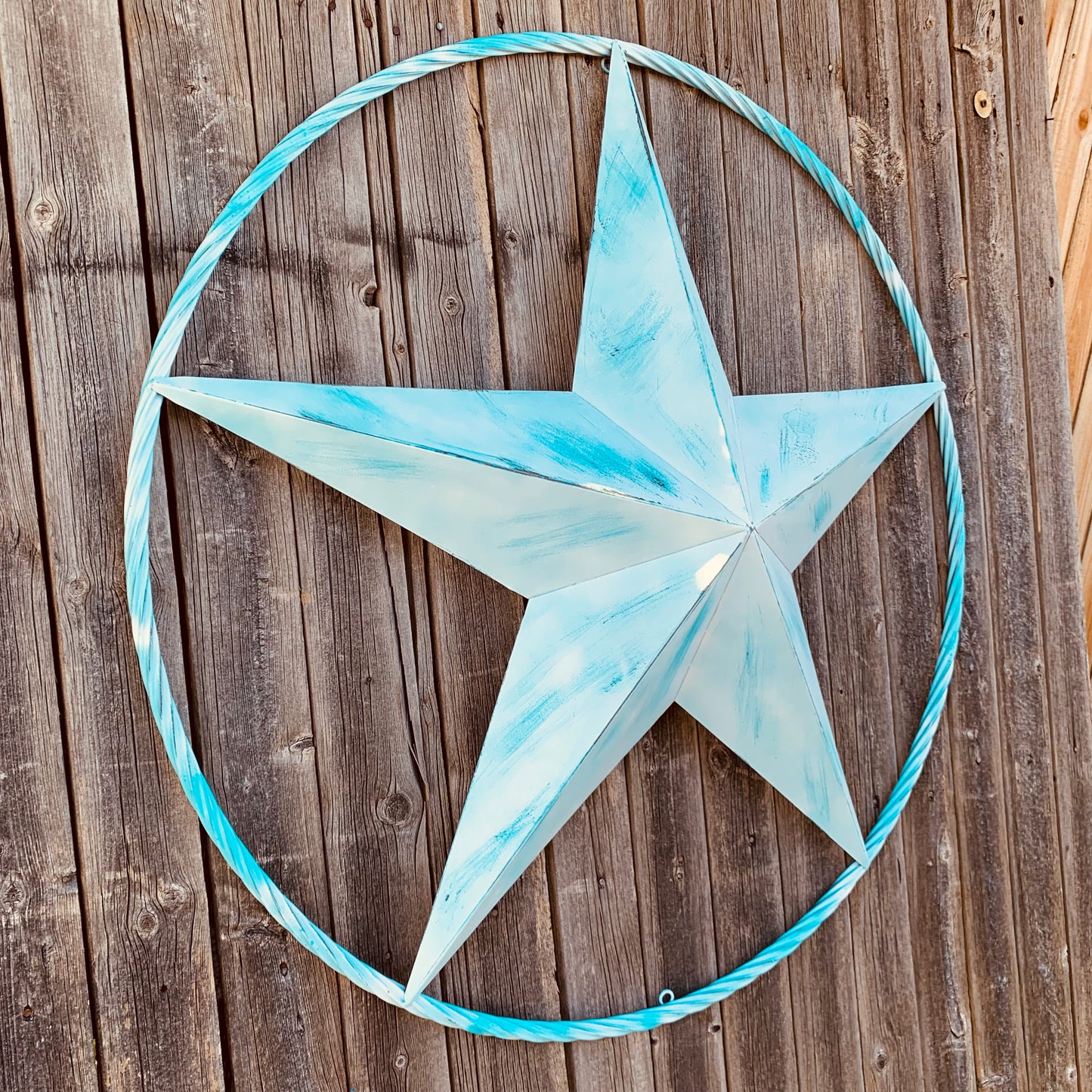 #EH11219 TURQUOISE WHITE DISTRESSED STAR TWO TONE TEXTURE BARN STAR METAL LONESTAR TWISTED ROPE RING WESTERN HOME DECOR HANDMADE NEW