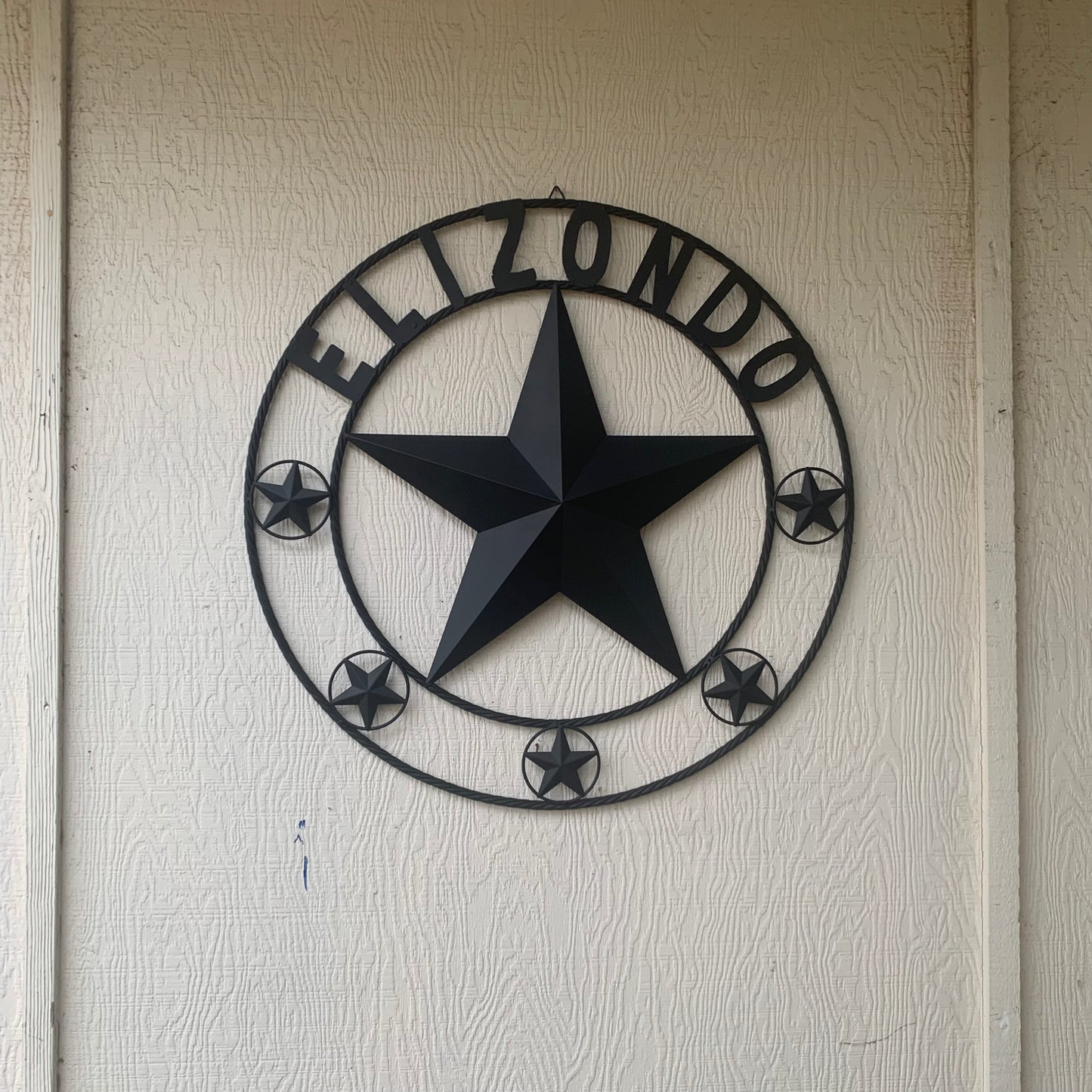 ELIZONDO STYLE CUSTOM NAME STAR BARN METAL STAR 3d TWISTED ROPE RING WESTERN HOME DECOR RUSTIC BLACK HANDMADE 24",32",36",50"