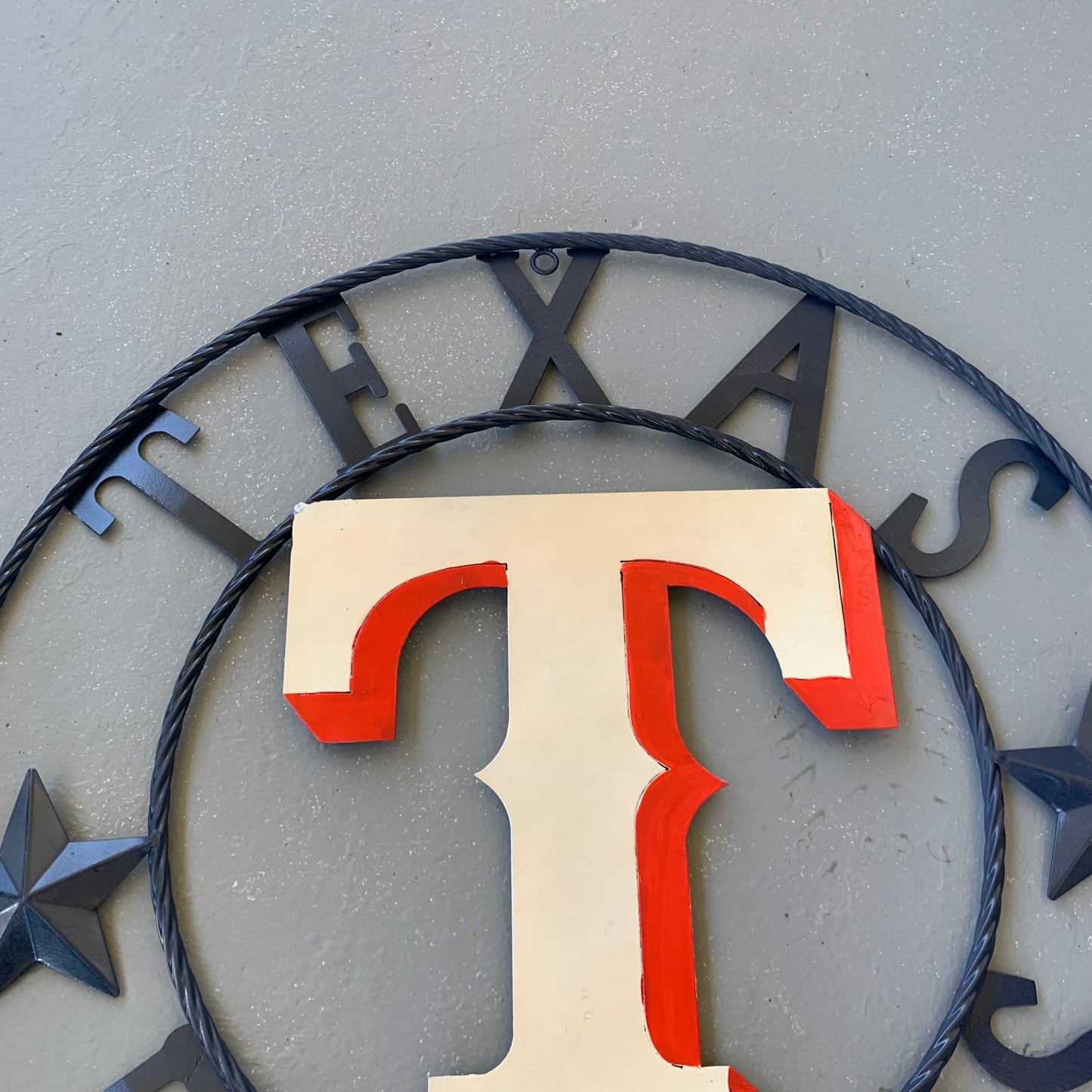 12", 18", 24", 32" TEXAS RANGERS BARN CUSTOM METAL VINTAGE CRAFT SIGN TEAM  WHITE & RED & NAVY BLUE RING & STAR HANDMADE