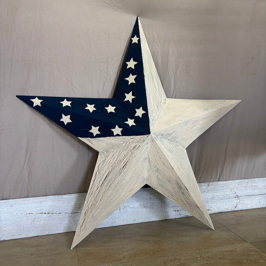 USA FLAG STAR CRACKLE IVORY NAVY BLUE METAL BARN STAR METAL WALL ART WESTERN HOME DECOR HANDMADE NEW