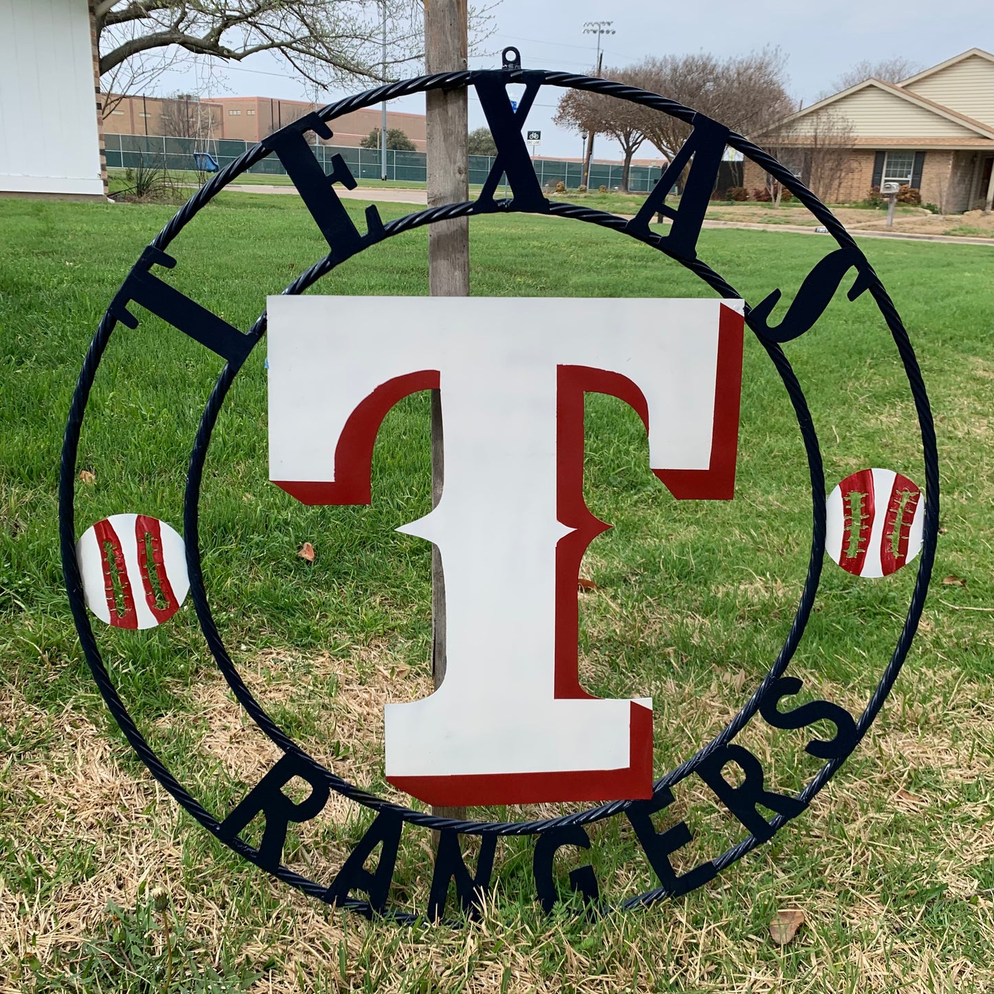 TEXAS RANGERS CUSTOM METAL VINTAGE CRAFT TEAM SIGN WHITE & RED & NAVY BLUE RING HANDMADE