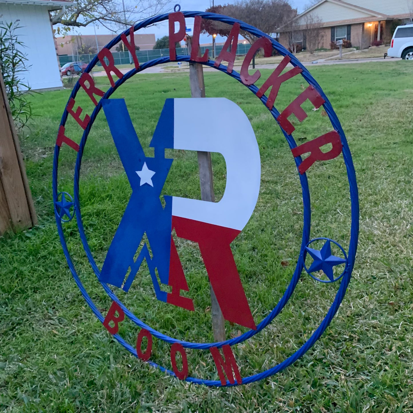 #EH11299 CUSTOM NAME XR ROOFING STYLE SIGN RED,WHITE & BLUE TEXAS FLAG LOGO HANDMADE