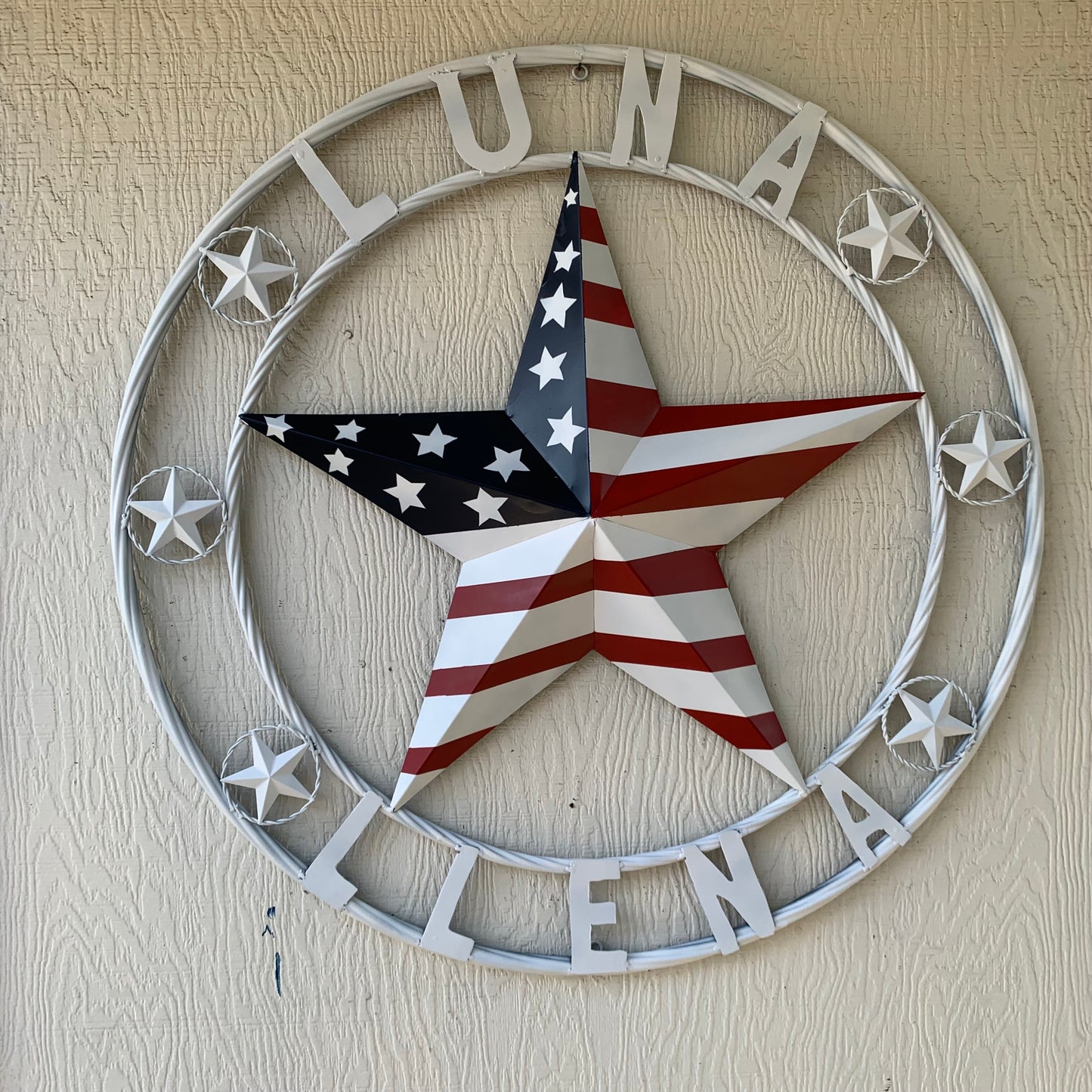 LUNA STYLE CUSTOM NAME BARN STAR METAL STAR 3d TWISTED ROPE RING WESTERN HOME DECOR USA FLAG STAR RED WHOTE & BLUE WITH WHITE RING HANDMADE 24",32",36",50"