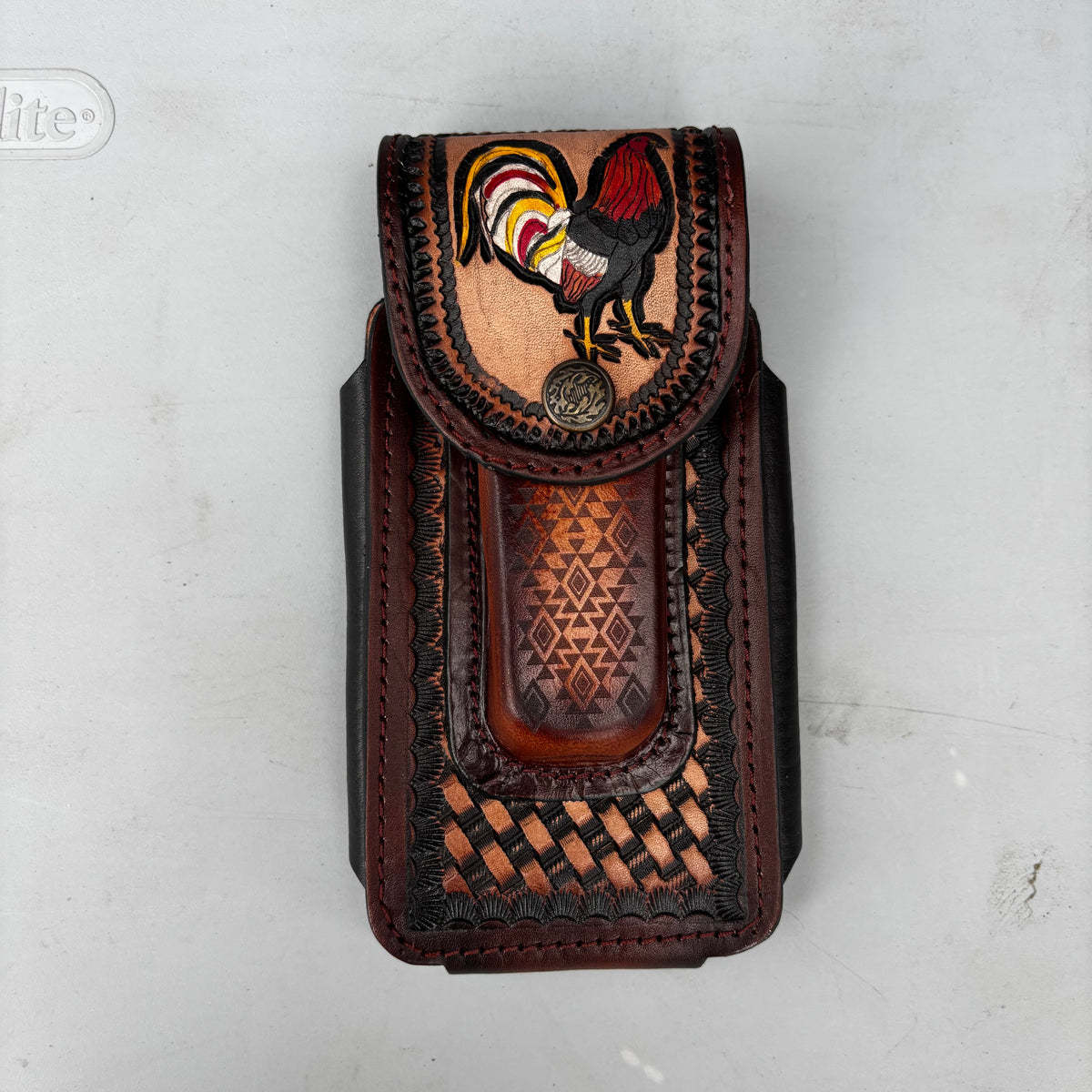 ROOSTER LEATHER HOLSTER 7" PHONE POUCH WITH KNIFE HOLDER FRONT EXTRA LARGE  BELT LOOP CELL PHONE CASE UNIVERSAL OVERSIZE MADE IN MEXICO #EH13860
