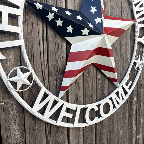 HOPPER STYLE YOUR CUSTOM NAME STAR METAL BARN 3d RED WHITE BLUE USA FLAG WITH WHITE TWIST ROPE RING WESTERN HOME DECOR HANDMADE, 24",36",40"