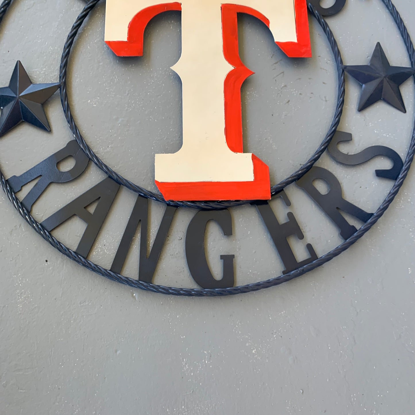 12", 18", 24", 32" TEXAS RANGERS BARN CUSTOM METAL VINTAGE CRAFT SIGN TEAM  WHITE & RED & NAVY BLUE RING & STAR HANDMADE