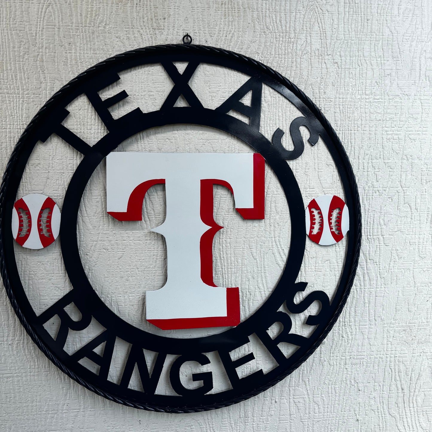 TEXAS RANGERS CUSTOM METAL VINTAGE CRAFT TEAM SIGN WHITE & RED & NAVY BLUE RING HANDMADE