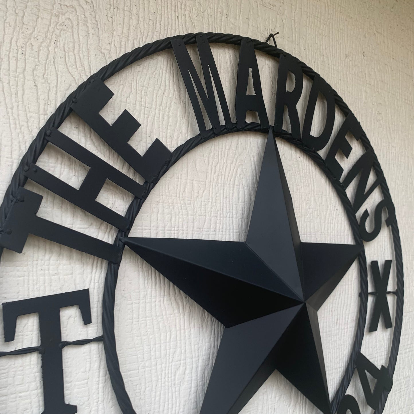 MARDENS STYLE CUSTOM NAME STAR BARN METAL STAR 3d TWISTED ROPE RING WESTERN HOME DECOR RUSTIC BLACK HANDMADE 24",32",36",50"