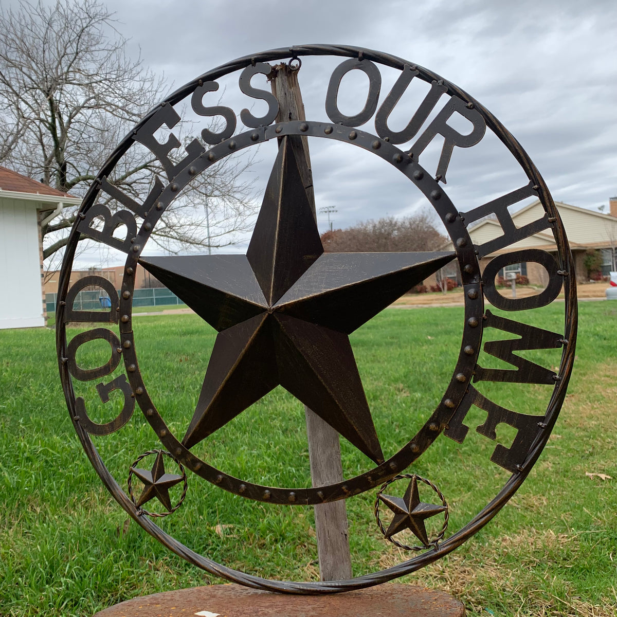 24" GOD BLESS OUR HOME BEADED STAR COLIBROX METAL TWISTED ROPE RING LONE STAR WALL ART WESTERN HOME DECOR RUSTIC DARK BRONZE COPPER HANDMADE NEW