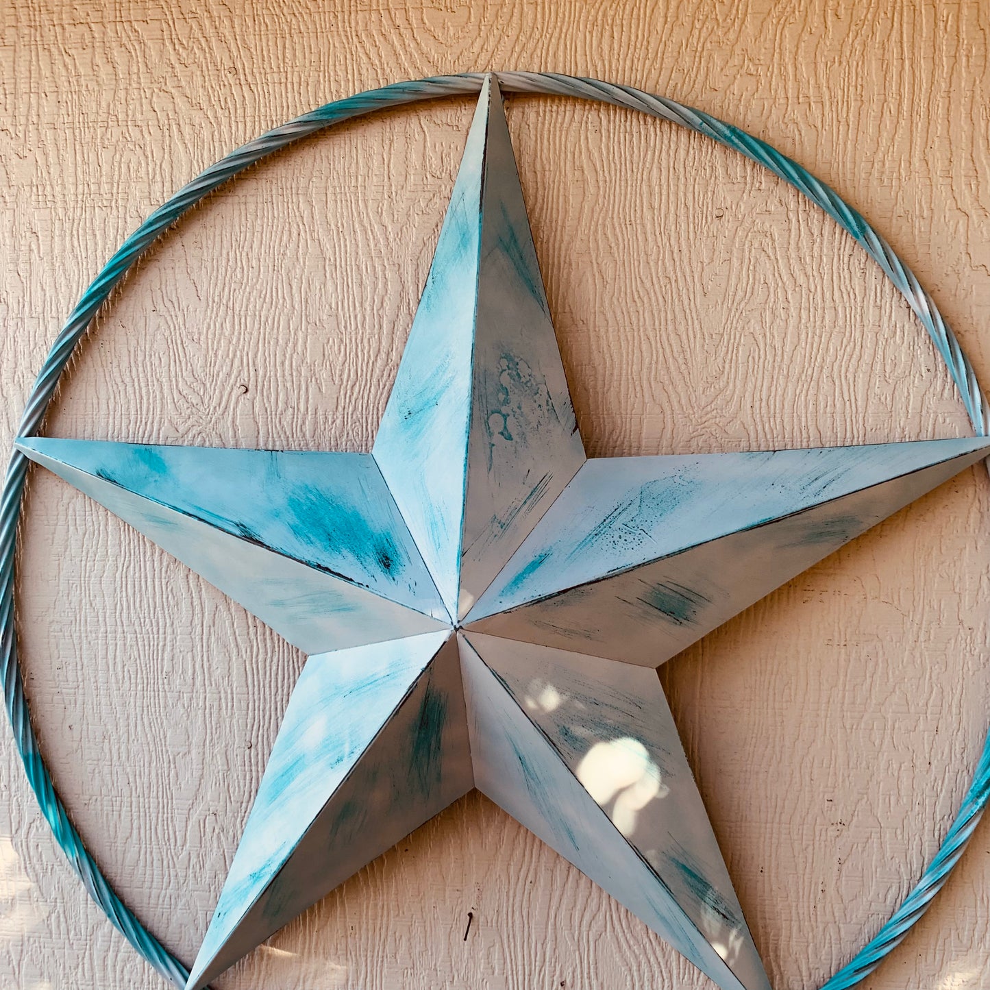#EH11219 TURQUOISE WHITE DISTRESSED STAR TWO TONE TEXTURE BARN STAR METAL LONESTAR TWISTED ROPE RING WESTERN HOME DECOR HANDMADE NEW