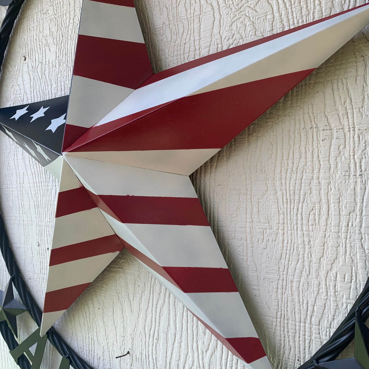 GOD BLESS AMERICA USA FLAG 3d STAR METAL BARN STAR BLACK TWISTED ROPE RING WALL ART WESTERN HOME DECOR RED WHITE & BLUE HANDMADE NEW #EH10490