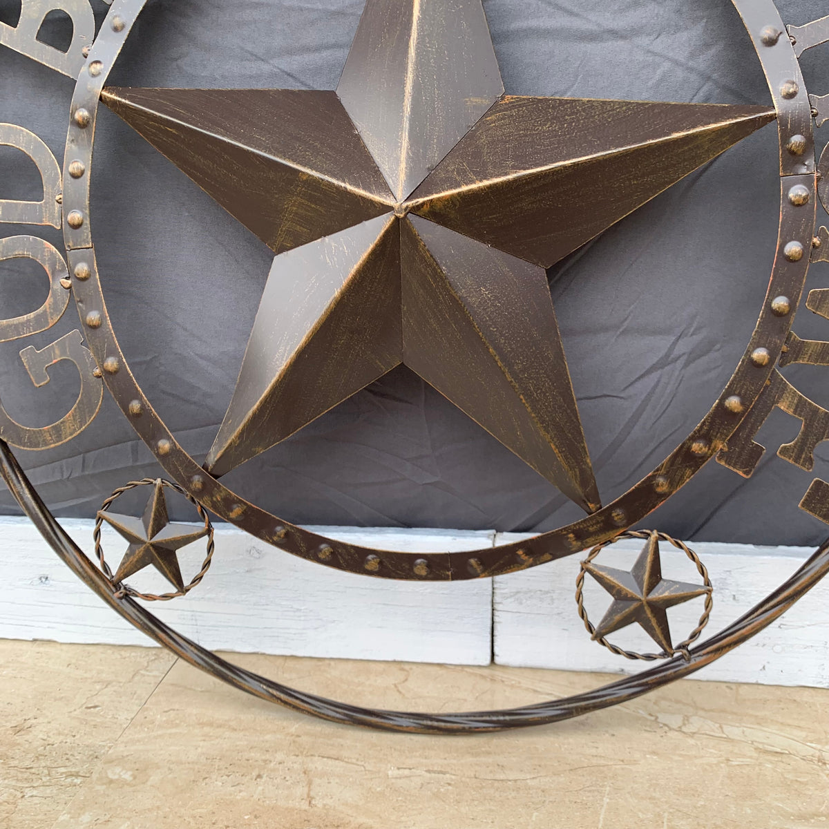 24" GOD BLESS OUR HOME BEADED STAR COLIBROX METAL TWISTED ROPE RING LONE STAR WALL ART WESTERN HOME DECOR RUSTIC DARK BRONZE COPPER HANDMADE NEW
