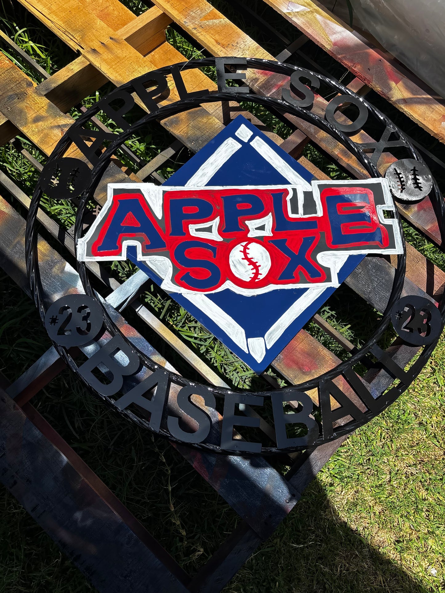 APPLE SOX BASEBALL CUSTOM METAL VINTAGE CRAFT SIGN TEAM NAVY BLUE WHITE RED HANDMADE