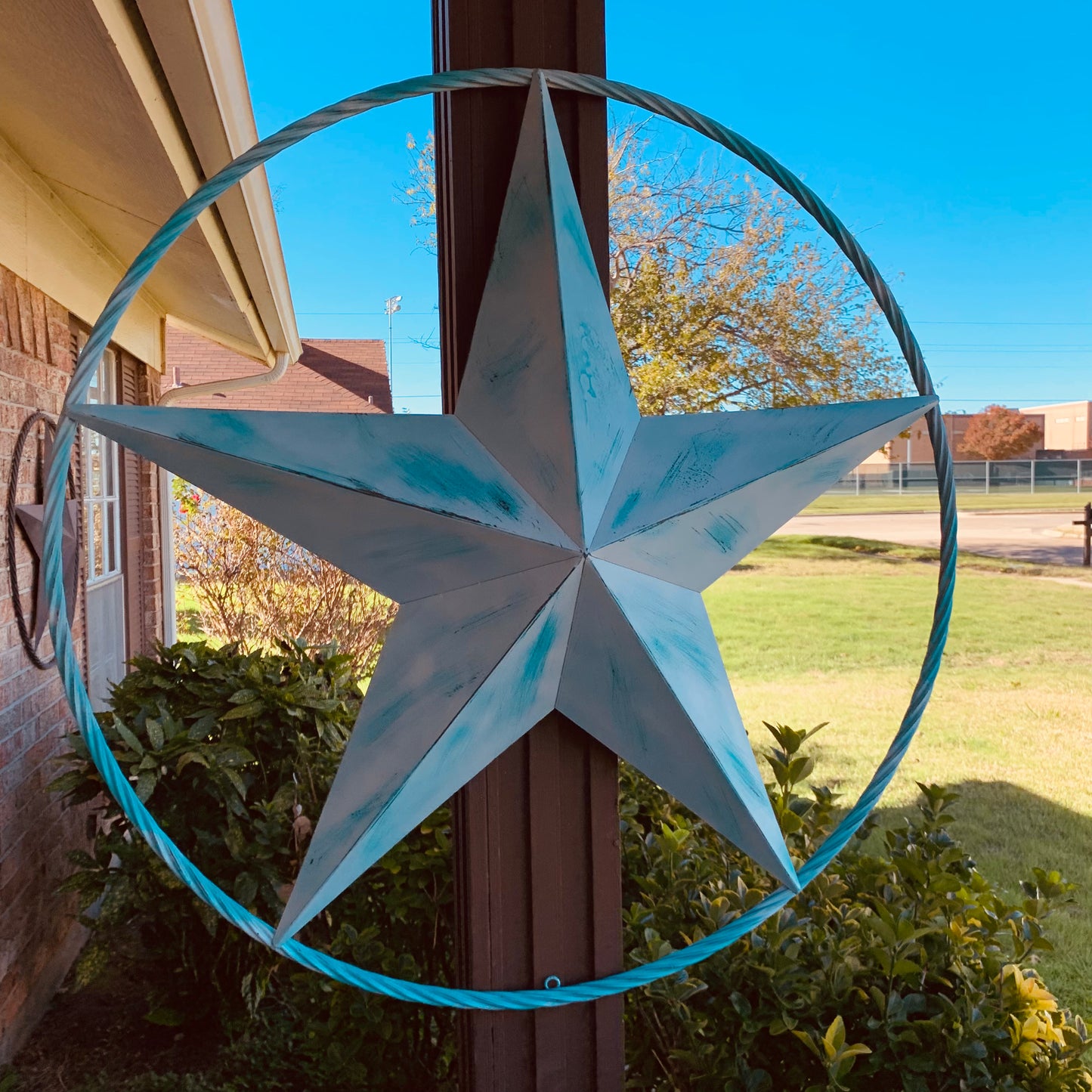#EH11219 TURQUOISE WHITE DISTRESSED STAR TWO TONE TEXTURE BARN STAR METAL LONESTAR TWISTED ROPE RING WESTERN HOME DECOR HANDMADE NEW