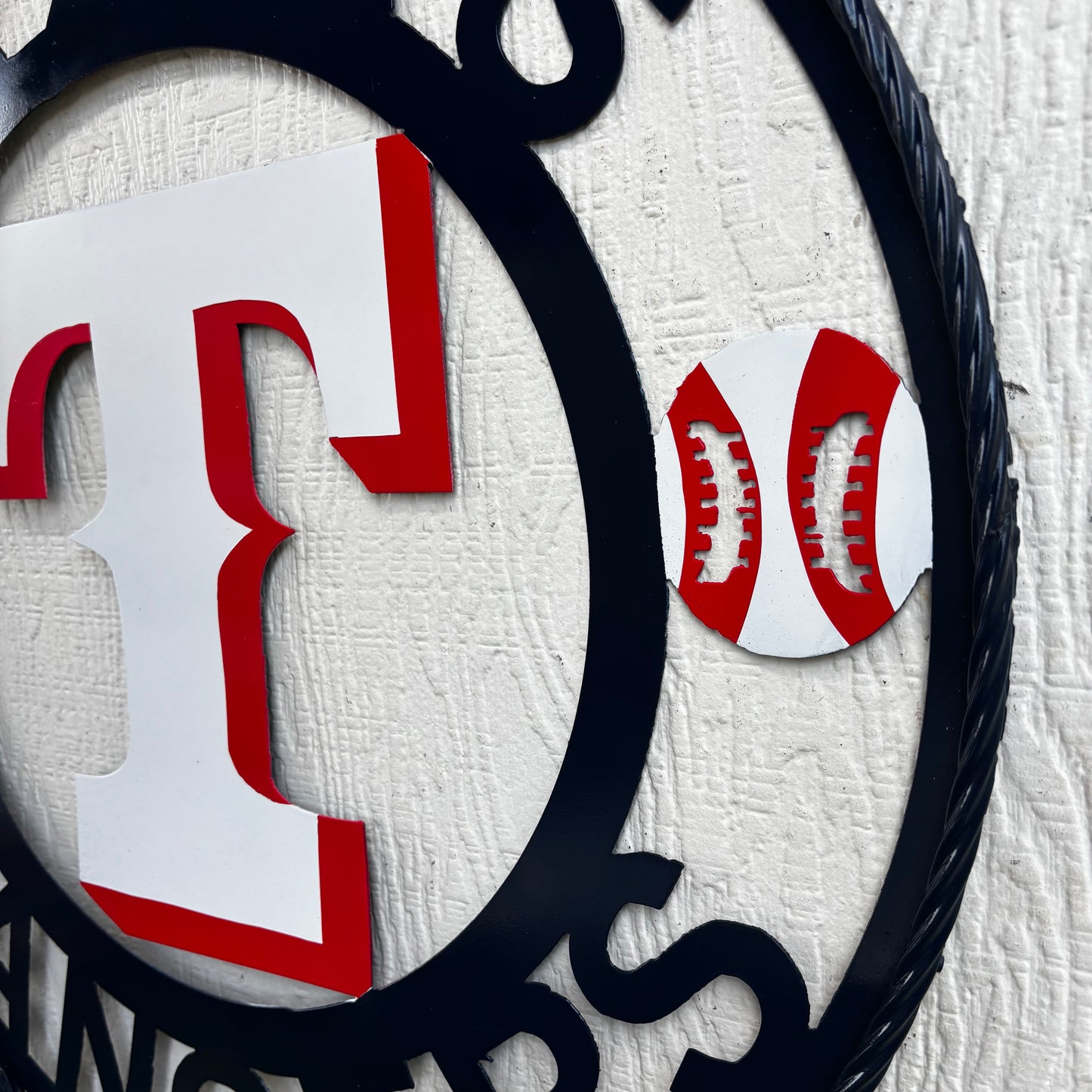 TEXAS RANGERS CUSTOM METAL VINTAGE CRAFT TEAM SIGN WHITE & RED & NAVY BLUE RING HANDMADE