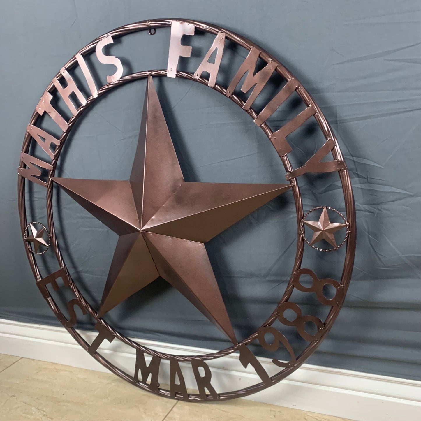 MATHIS STYLE CUSTOM NAME STAR BARN STAR 3d METAL LONESTAR TWISTED ROPE RING WESTERN HOME DECOR RUSTIC BRONZE COPPER HANDMADE 24",32",36",50"