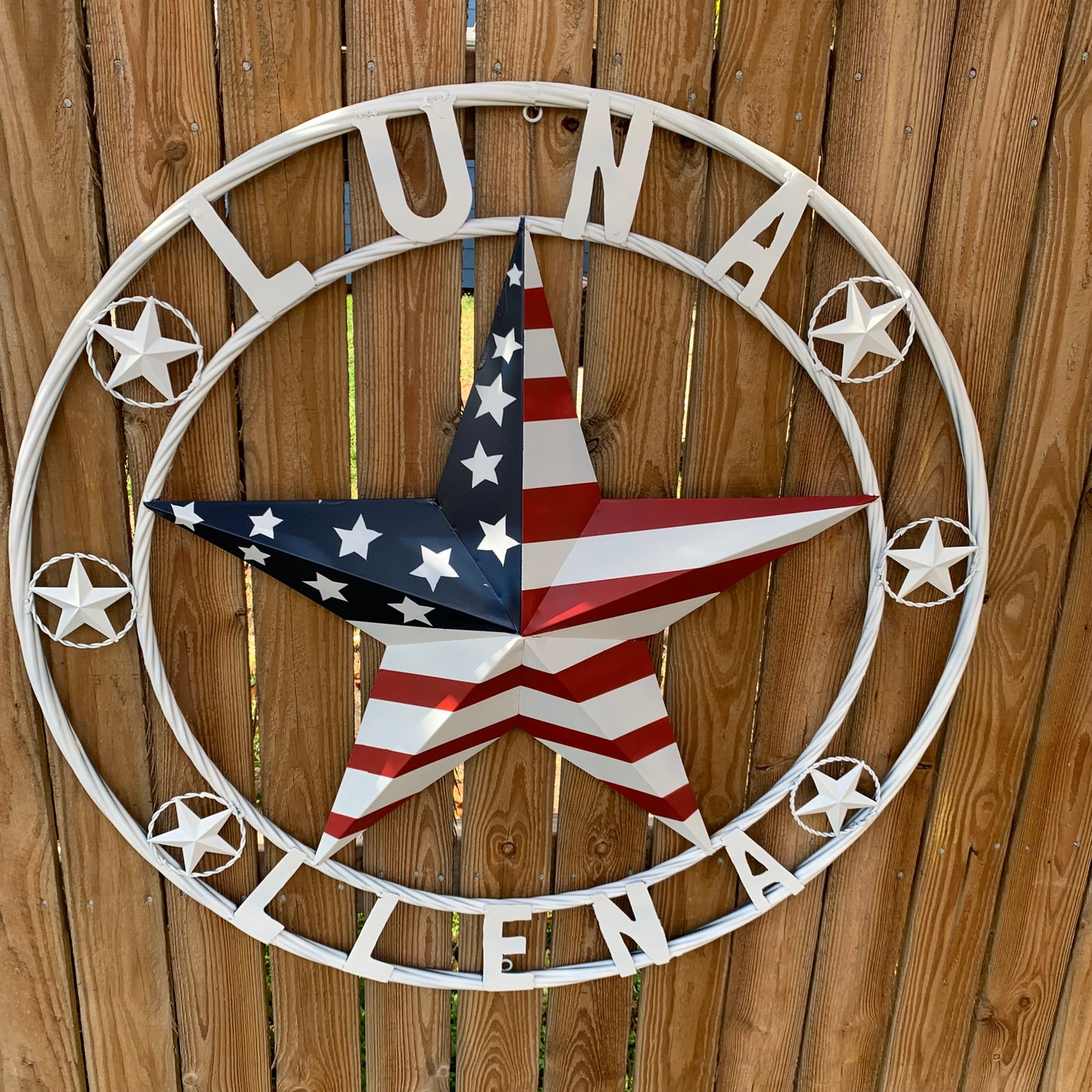 LUNA STYLE CUSTOM NAME BARN STAR METAL STAR 3d TWISTED ROPE RING WESTERN HOME DECOR USA FLAG STAR RED WHOTE & BLUE WITH WHITE RING HANDMADE 24",32",36",50"