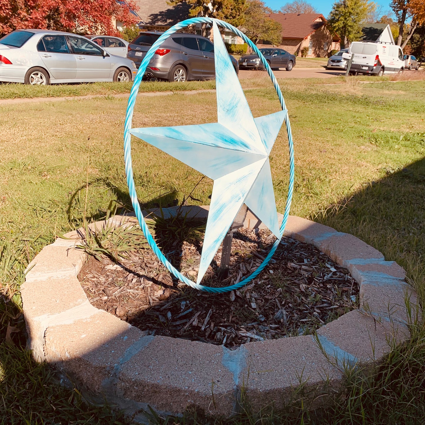 #EH11219 TURQUOISE WHITE DISTRESSED STAR TWO TONE TEXTURE BARN STAR METAL LONESTAR TWISTED ROPE RING WESTERN HOME DECOR HANDMADE NEW