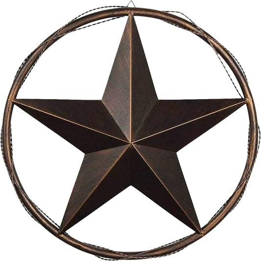 BARBWIRE ON SOLID RING 12",16",24",32" BARN STAR METAL LONE STAR WESTERN HOME DECOR HANDMADE RUSTIC BRONZE #EH10055