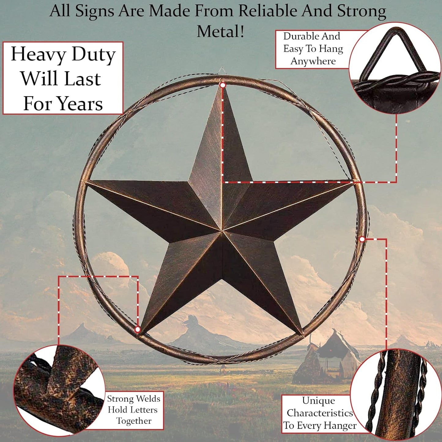 BARBWIRE ON SOLID RING 12",16",24",32" BARN STAR METAL LONE STAR WESTERN HOME DECOR HANDMADE RUSTIC BRONZE #EH10055