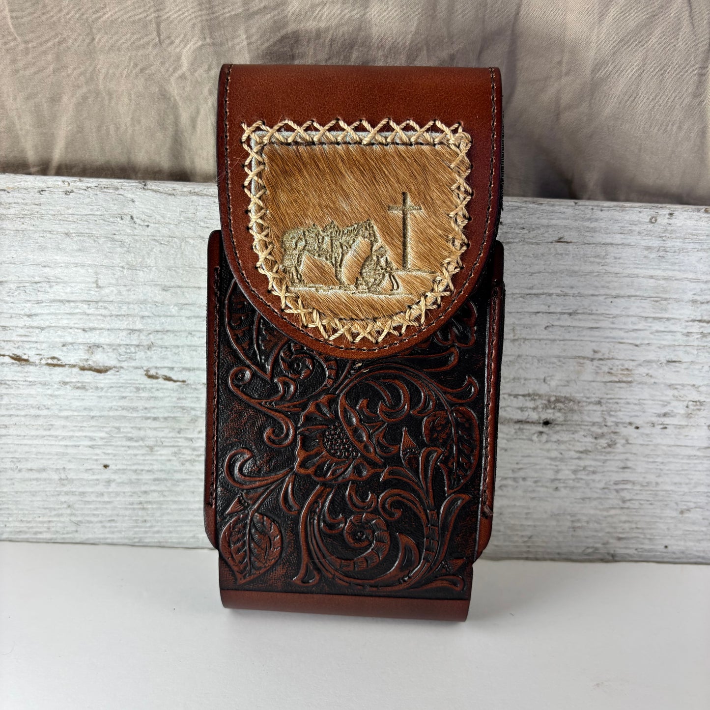 7" COWBOY PRAYER  LEATHER HOLSTER BROWN POUCH EXTRA LARGE  BELT LOOP CELL PHONE CASE UNIVERSAL OVERSIZE #EH13322