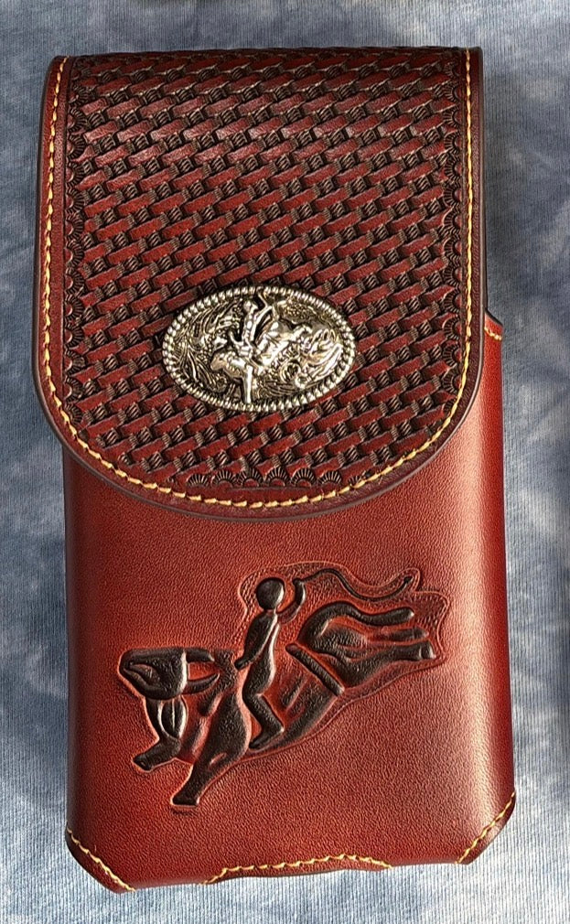 7" RODEO BULL RIDER LEATHER POUCH EXTRA LARGE  BELT LOOP HOLSTER CELL PHONE CASE UNIVERSAL OVERSIZE HANDMADE #EH12966