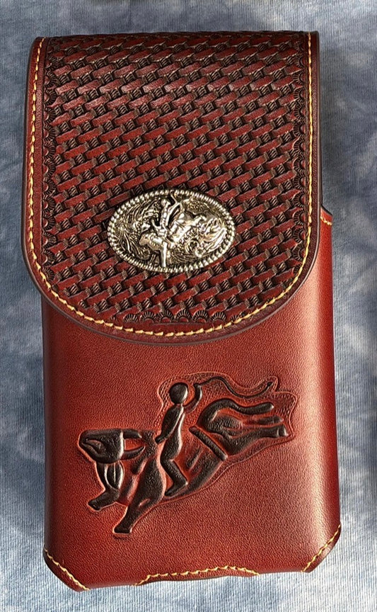 7" RODEO BULL RIDER LEATHER POUCH EXTRA LARGE  BELT LOOP HOLSTER CELL PHONE CASE UNIVERSAL OVERSIZE HANDMADE #EH12966