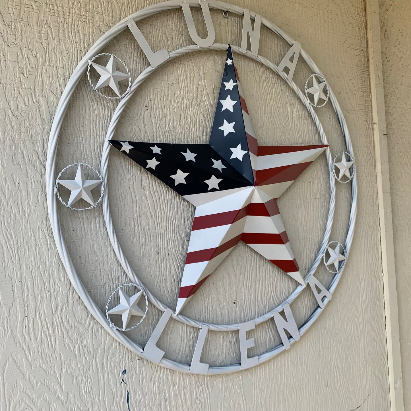 LUNA STYLE CUSTOM NAME BARN STAR METAL STAR 3d TWISTED ROPE RING WESTERN HOME DECOR USA FLAG STAR RED WHOTE & BLUE WITH WHITE RING HANDMADE 24",32",36",50"