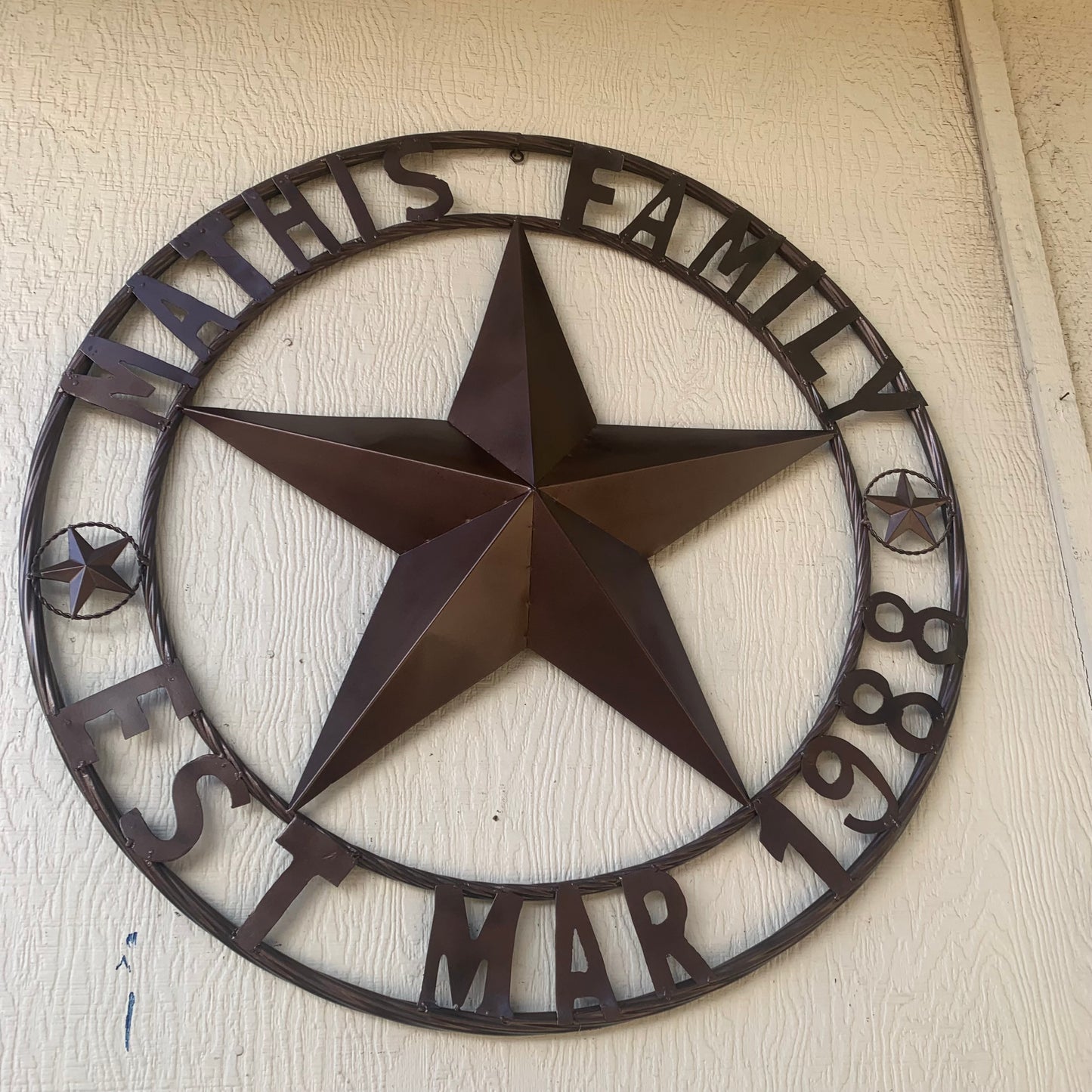 MATHIS STYLE CUSTOM NAME STAR BARN STAR 3d METAL LONESTAR TWISTED ROPE RING WESTERN HOME DECOR RUSTIC BRONZE COPPER HANDMADE 24",32",36",50"