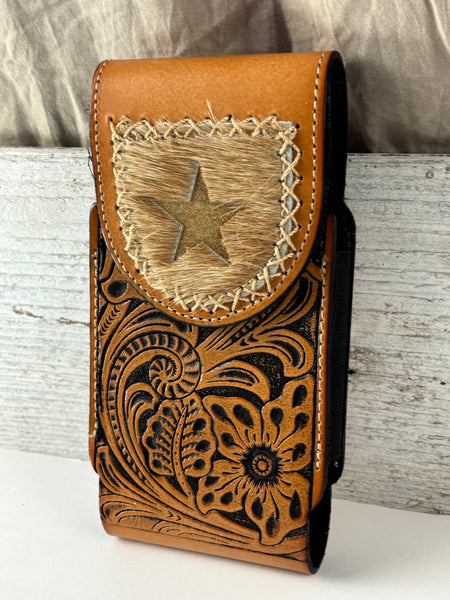 7" STAR LEATHER HOLSTER TAN BROWN STAR POUCH EXTRA LARGE  BELT LOOP CELL PHONE CASE UNIVERSAL OVERSIZE
